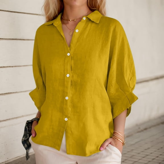 Women's Summer Shirt Fashion Elegant Top Linen Long Sleeve T Shirt V Neck Shirt Belted Waist Casual Loose Shirt With Buttons Womens Blouses Button down Yoga Shirts for Women Button down Colla Shirts