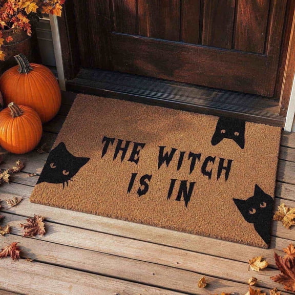 Halloween Witch Doormat, Spooky Witch Silhouette Entryway Rug With Funny Holiday Quote Design Easy Clean Decorative Mat, Front Door Porch Decor for Halloween Home Party