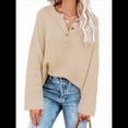 thumbnail image 3 of Suéteres de Gran Tamaño para Mujer, con Mangas Largas de Murciélago, Cuello en V Holgado, Botones, Estilo Henley, Jersey de Punto. Albaricoque L, 3 of 6