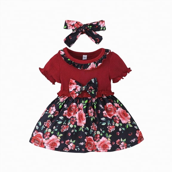 HCNTES Children Little Kids Baby Summer Floral Dress Puff Sleeve Casual Sundress for Toddler Girls 1-5T 8-12T(12-18 Months,L04-Red)