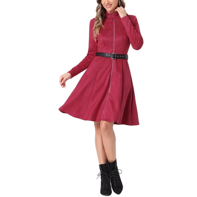 INSPIRE CHIC Vestido de Mujer de Ante Sintético con Cuello Alto, Cierre de Cremallera y Cinturón, Vestidos Vintage XL Rojo Oscuro