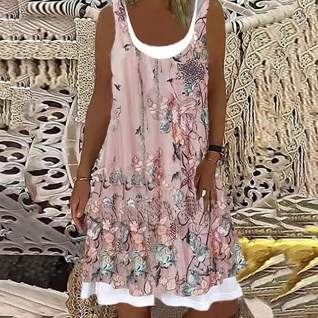 Mefallenssiah Femme Été Mode Décontractée Col Rond Imprimé Épissure Robe Sans Manches