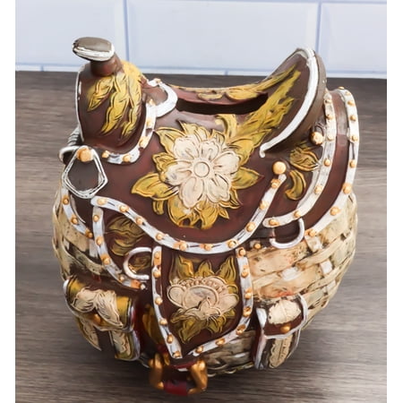 Rustic Western Brown Cowboy Horse Saddle Floral Wicker Design Coin Piggy Bank