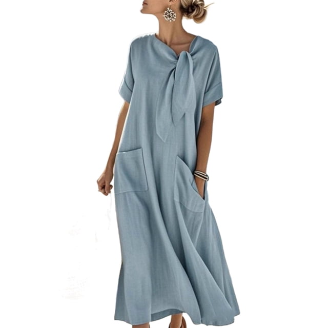 Daiosportswear Robe Élégante à Manches Mi-Longues et Col en V Plissée Style Bohème pour Femmes, Robe à Manches Courtes Bleue TG(TG)