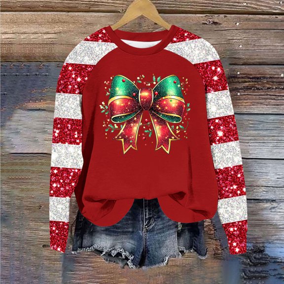 ZRGHAOYLQ Long Sleeve Sparkly Sequin Pullover Top Womens Christmas Bow Print Sweatshirt Christmas Crewneck Sweatshirts for Christmas Gifts Fall Winter Raglan Sleeve Christmas Holiday Shirts Tops