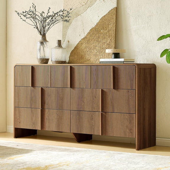 Papajet 63" 7-Drawer Dresser with Fluted Front & Pine Handles, Dark Walnut