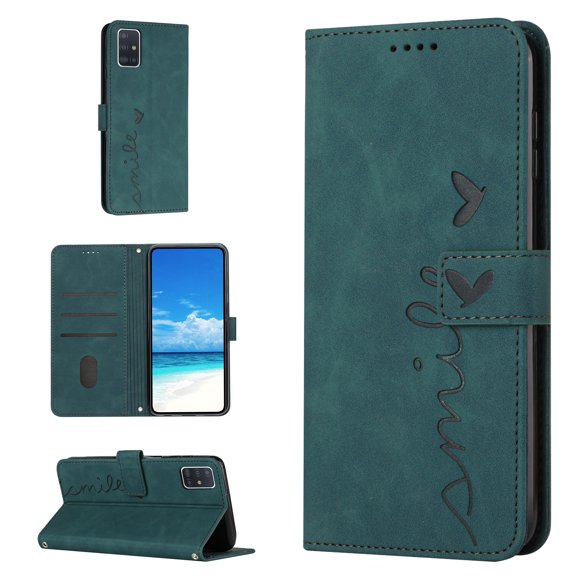 For Samsung A51 Case 5G, Allytech Wallet Case Magnetic Folio Embossed Full Protection PU Leather Kickstand Credit Card Holder Slots Wrist Strap Flip Cover for Samsung Galaxy A51 5G, Green