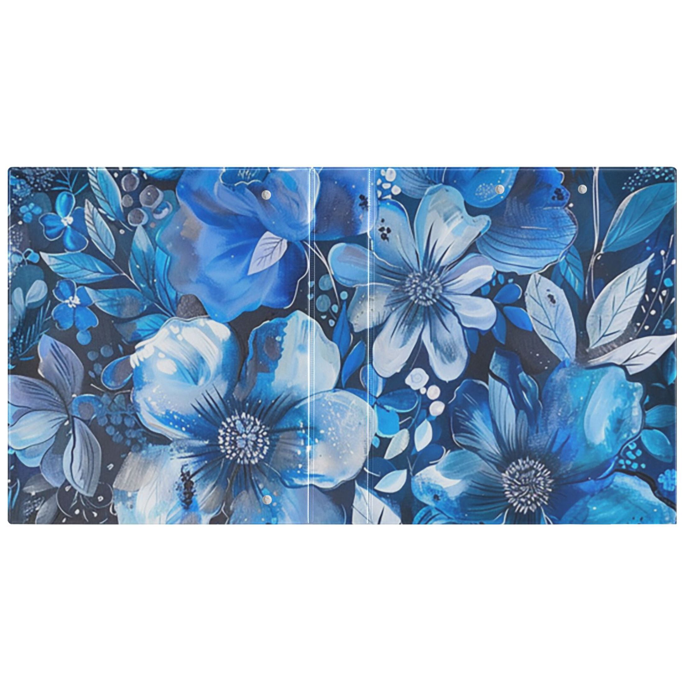 Blue Floral Flowers 3 Ring Binders 1.5 inch Hardcover File Folders with Interior Pockets A4 Size Organizer for School Office Hospital