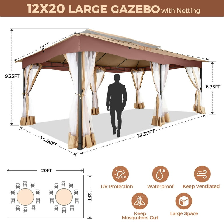 COBIZI 12x20 Outdoor Gazebo with Mosquito Netting Large Backyard Gazebo Tents for Patio Deck Party Backyard with Double Roof Soft Top Screen Gazebo