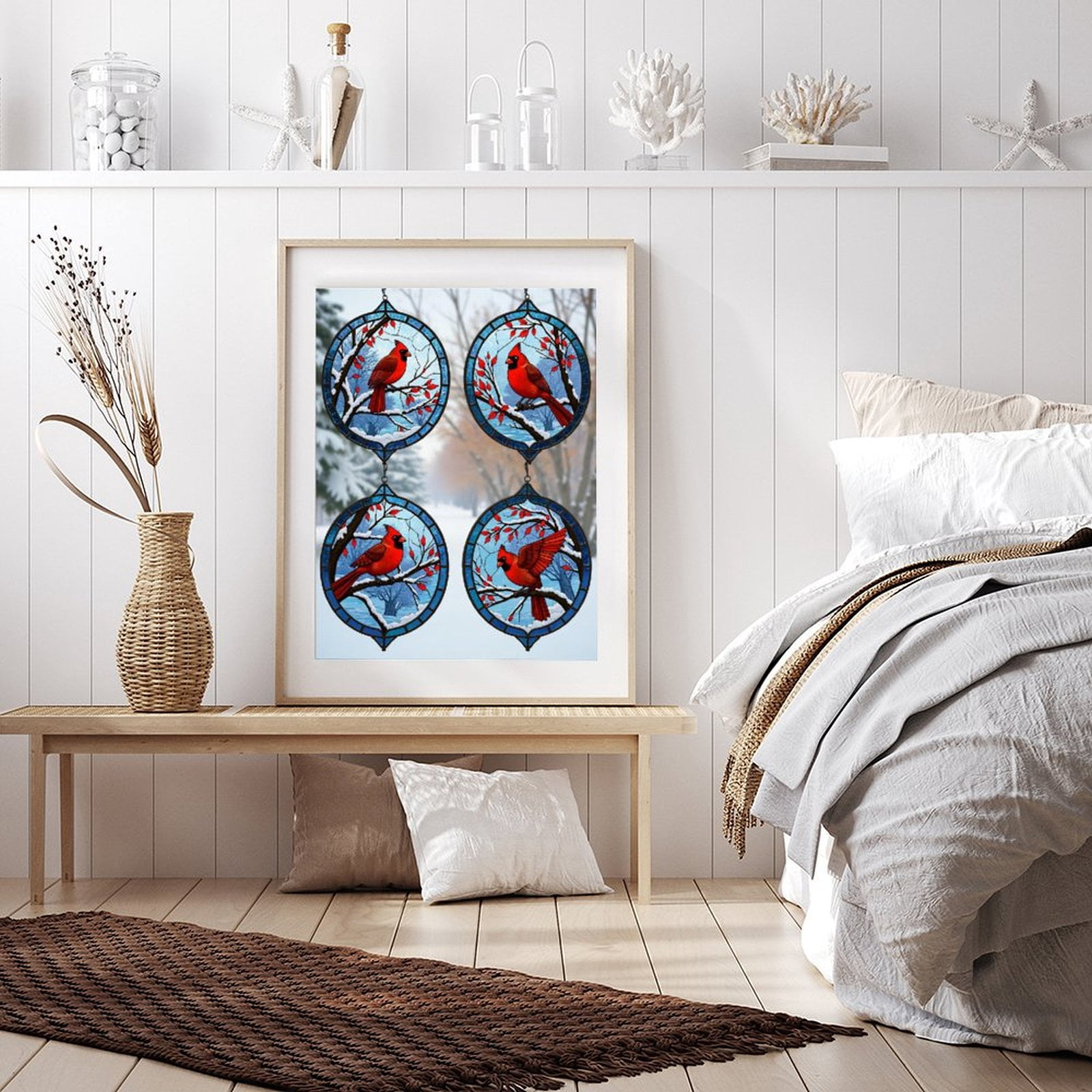 Diamond Art Kit for Adults, Cardinal Stained Glass Winter Scene Diamond Painting for Adults Beginners, 5D DIY Diamond Art Painting Kits, Colorful Diamond Painting Craft for Home Decor 12x16