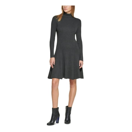 CALVIN KLEIN Womens Gray Stretch Ribbed Fitted Unlined Long Sleeve Turtle Neck Above The Knee Wear To Work Sweater Dress Plus 2X