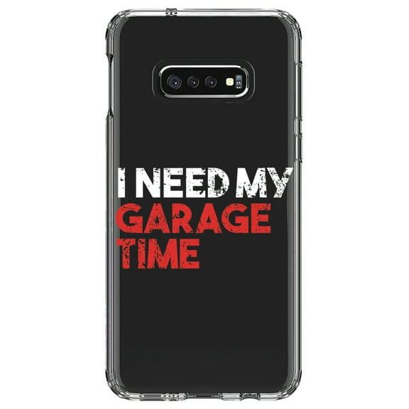 DistinctInk Clear Shockproof Hybrid Case for Samsung Galaxy S10e (5.8" Screen) - TPU Bumper Acrylic Back Tempered Glass Screen Protector - I Need My Garage Time