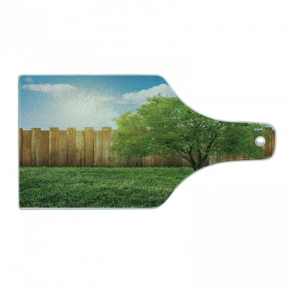Farmland Cutting Board, Tree of Life in Backyard of a Countryhouse with Sun Tranquil Field Design Art, Decorative Tempered Glass Cutting and Serving Board, Wine Bottle Shape, Green Blue, by Ambesonne