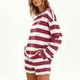 thumbnail image 4 of sdhkgrrt Women's 2 Piece Matching Lounge Set Soft Long Sleeve Round Neck Pullover Tops Drawstring Waist Shorts Striped Loose Casual Outfits Fall Tracksuit Clothing , Red XL, 4 of 6