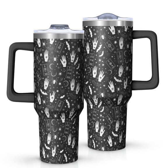 Black White Halloween Hand Tarot Bat Pattern Tumbler with Handle and Lid,40oz Double Wall Vacuum Insulated Tumbler,Cups Gift for Women and Men