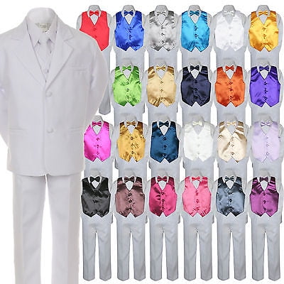 

7pc Boy Kid Teen Formal Wedding Wear White Suit Tuxedo Extra Vest Bow Tie 8-20