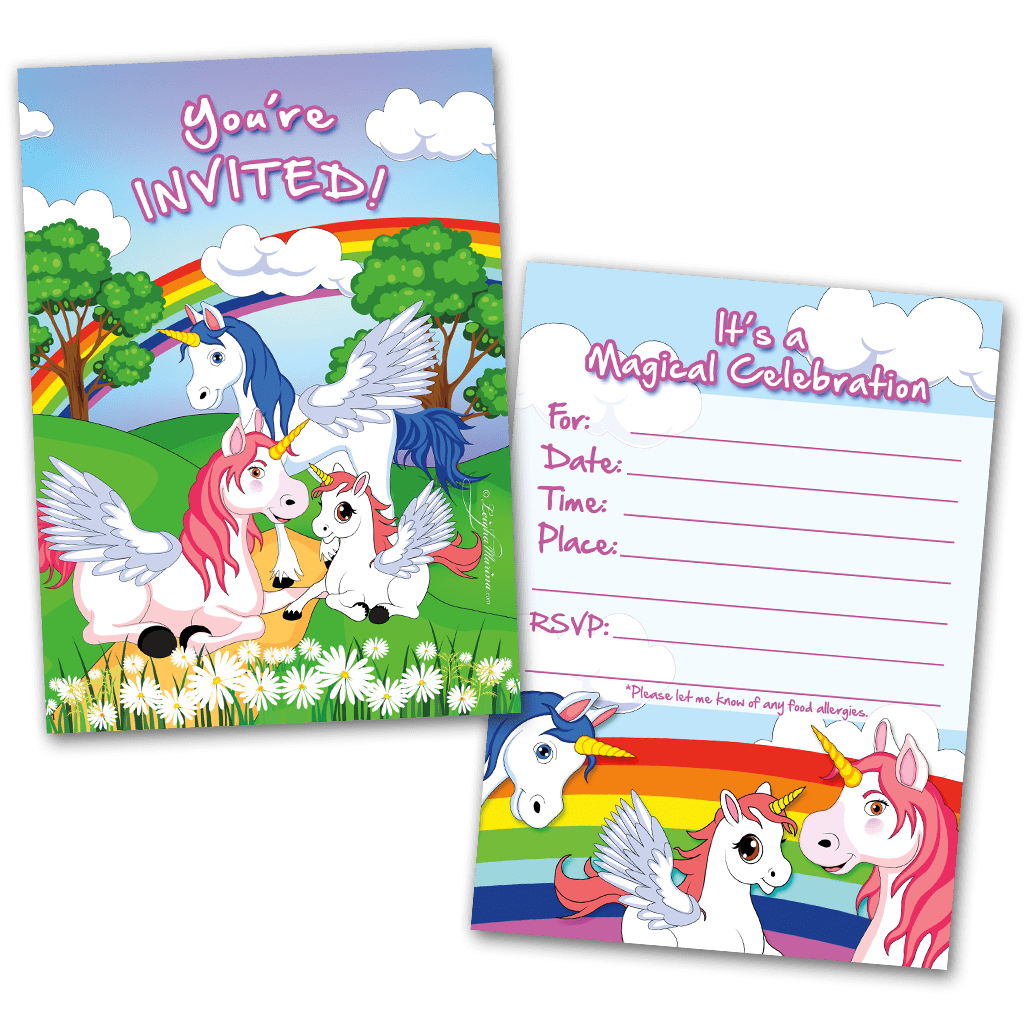 Unicorns and Rainbows Party Invitation Cards for Kids, 20 Invites & 20 Envelopes