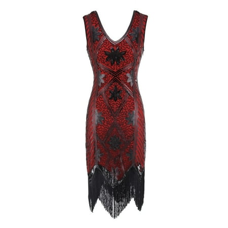 Sequin Embellished Dress - Female High-Quality 1920s Bead Fringe Sequin Embellished Celebration Flapper Gatsby Dress
