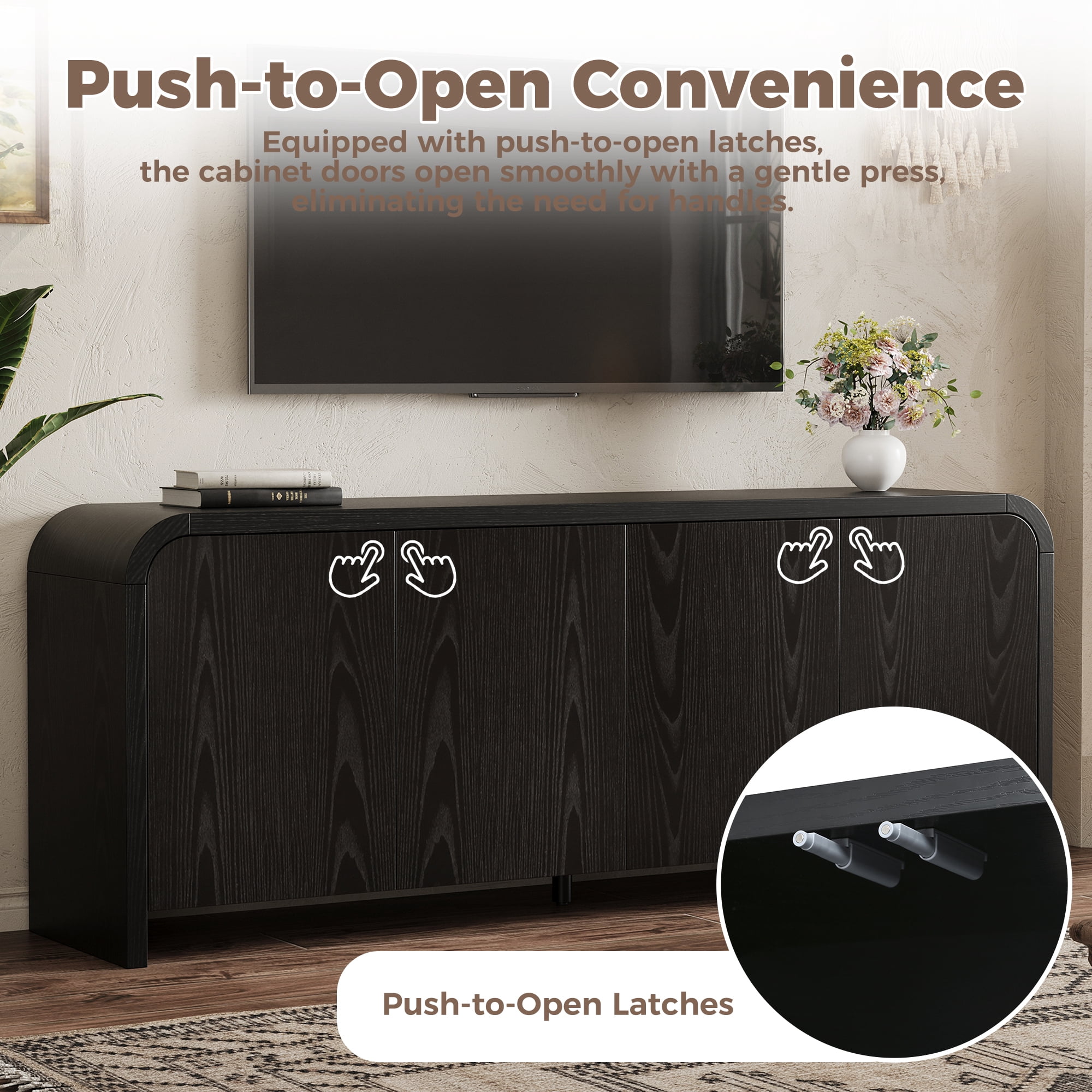 Leumius Farmhouse Curved Edge TV Stand with Large Cabinets for TVs up to 70", Minimalist Wood Grain Media Console with Cable Management and Adjustable Shelves for Living Room, Black