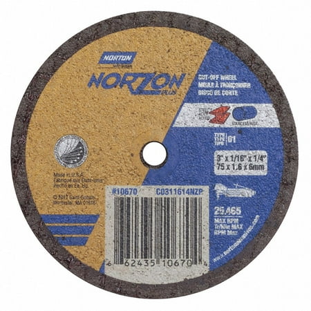 

Norton Abrasives CutOff Wheel NorZon Plus 3 x1/16 x1/4 66243510670