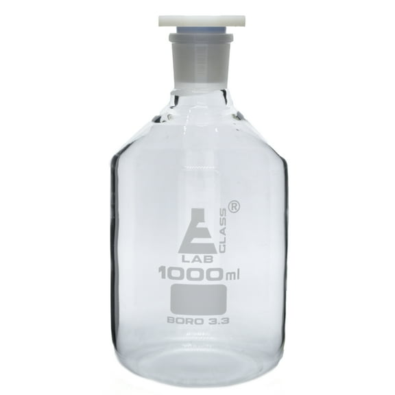 1000mL (33.8oz) Glass Reagent Bottle with Acid Proof Polypropylene Stopper, Borosilicate 3.3 Glass - Eisco Labs