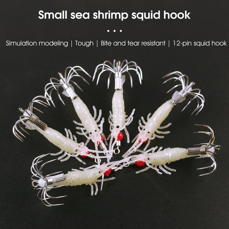 Yoone Lobster Bait Metal Hook Luminous Effect Soft Silicone Shrimps Squid Hook Jigging Fishing Lures Fishing Tackle, White