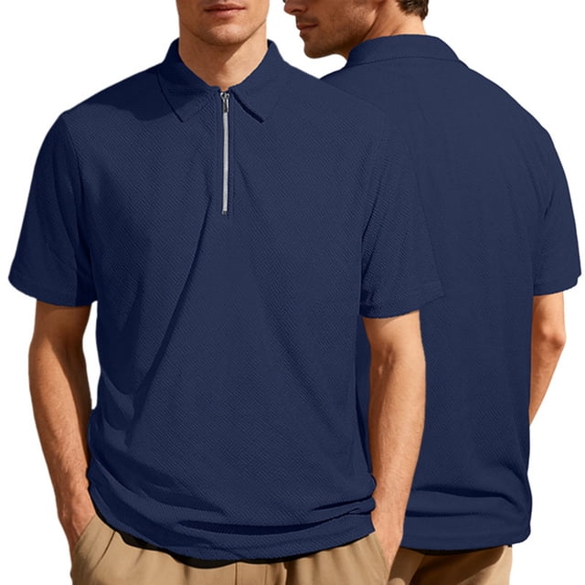 Nouvelle Chemise Décontractée en Tricot Extensible pour Hommes, Manches Courtes, Fermeture Éclair devant, Tissu Doux et Confortable, Printemps & Été, Usage Quotidien, Marine, TTTTG
