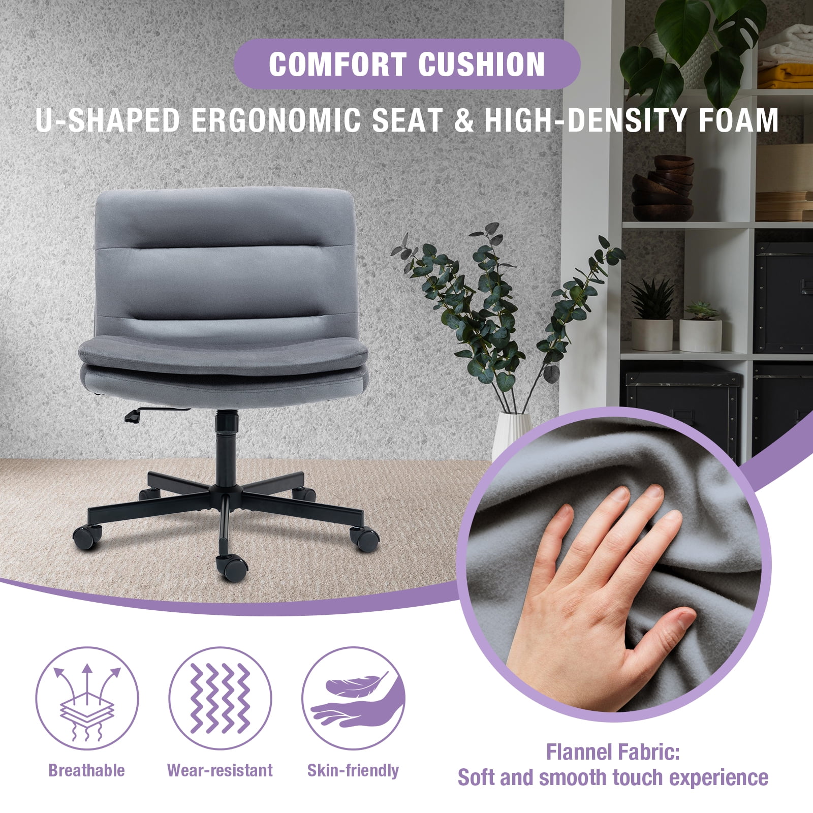 Criss Cross Legged Chair Ergonomic Home Office Desks Chair with Casters, Armless Wide Comfy Vanity Desk Seat Swivel Rolling Computer Chair, Adjustable Height, Rocking Function, Gray