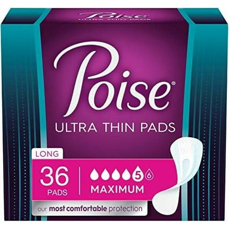 Poise Ultra Thin Incontinence Bladder Leakage & Postpartum Pads for Women, Maximum Absorbency, Long Length, Small, 36 Count