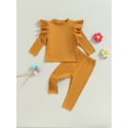 thumbnail image 2 of xiaxaixu Infant Baby Girl Fall Clothes Solid Ribbed Ruffled Long Sleeve Tops Pants Set Casual 2 Pcs Outfit, 2 of 8