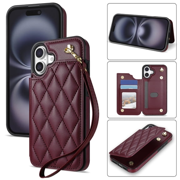 Case for iPhone 16 Plus with Wrist Strap, PU Leather Kickstand Magnetic Closure Card Slots Flip Back Case Elegant Shockproof Cover Girls Women for iPhone 16 Plus, Winered