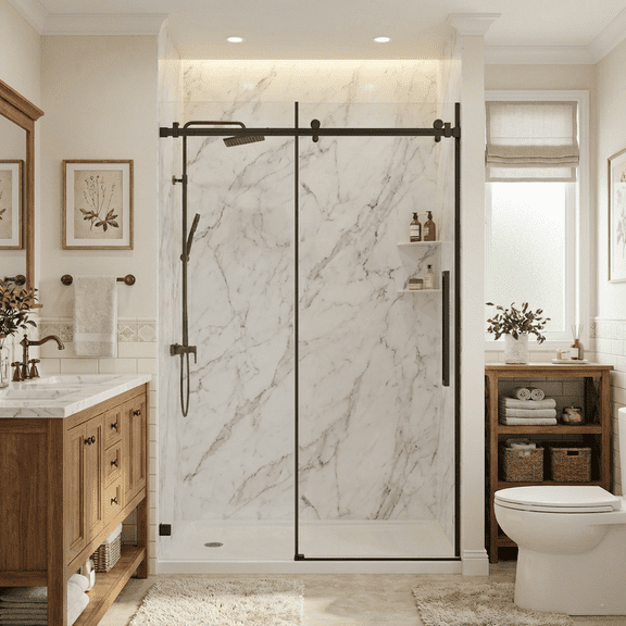 Goodyo Semi-frameless Shower Door, 44-48" W x 72" H Silent Sliding Glass Door Easy-clean Tempered Glass , Heavy-Duty 304 Stainless Steel, Matte Black