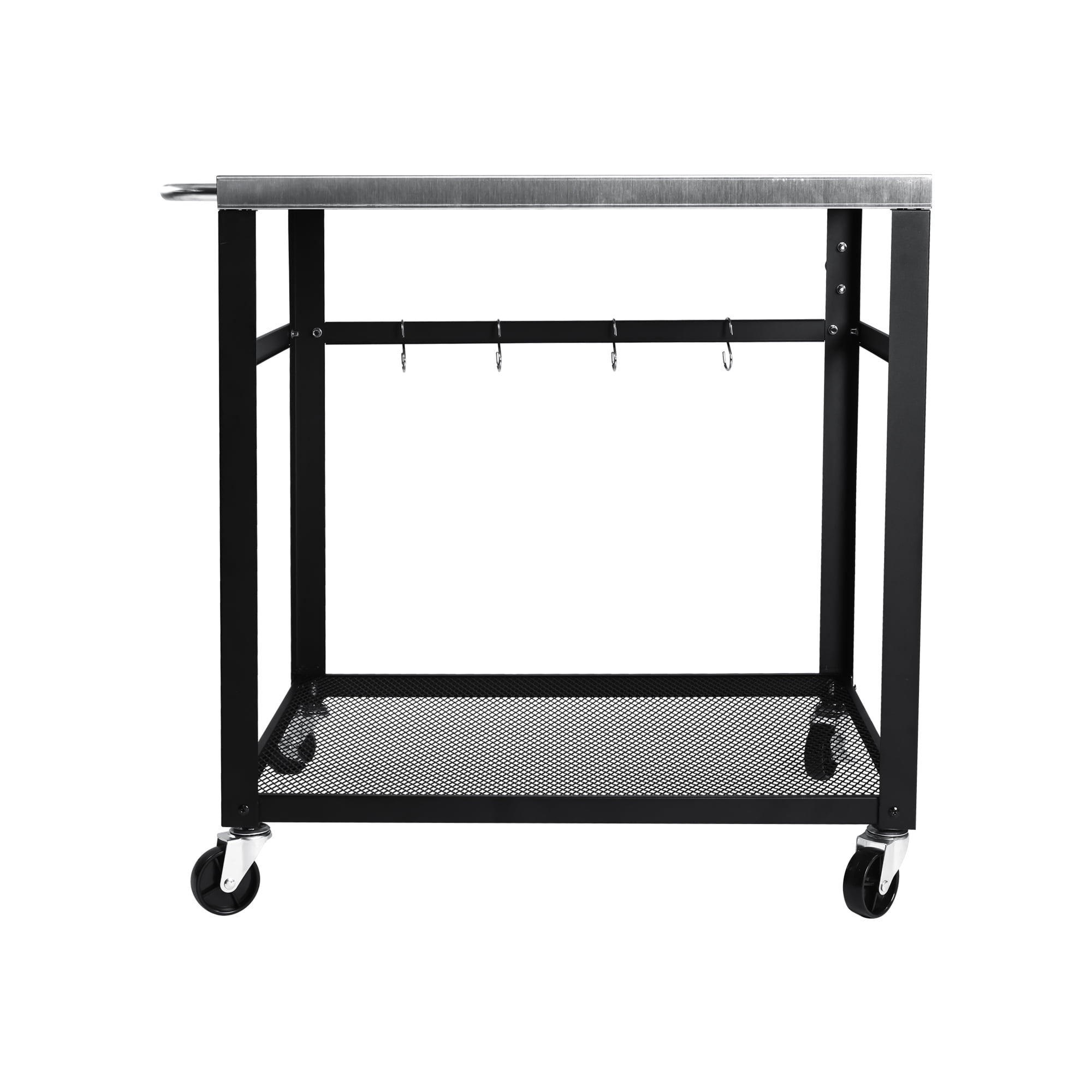 2-Tier Outdoor Grill Cart with Stainless Steel Top Locking Wheels Tool Hooks Movable BBQ Prep Table, Black