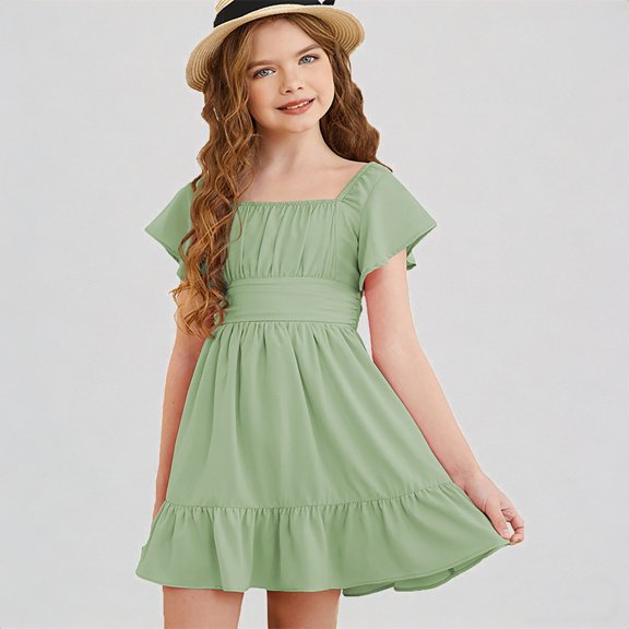 REDARER Girls Boho Dress, Square Neck Ruffle Sleeve Tie Back Tiered Ruffle A-Line Summer Dress for Casual Outings,8-9 Years