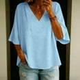 thumbnail image 4 of Admvng Woman's Tops V Neck Solid 3/4 Sleeve Casual Plus Cotton Linen Summer Basic Nice Loose Tee Shirts Size S-3XL, 4 of 8