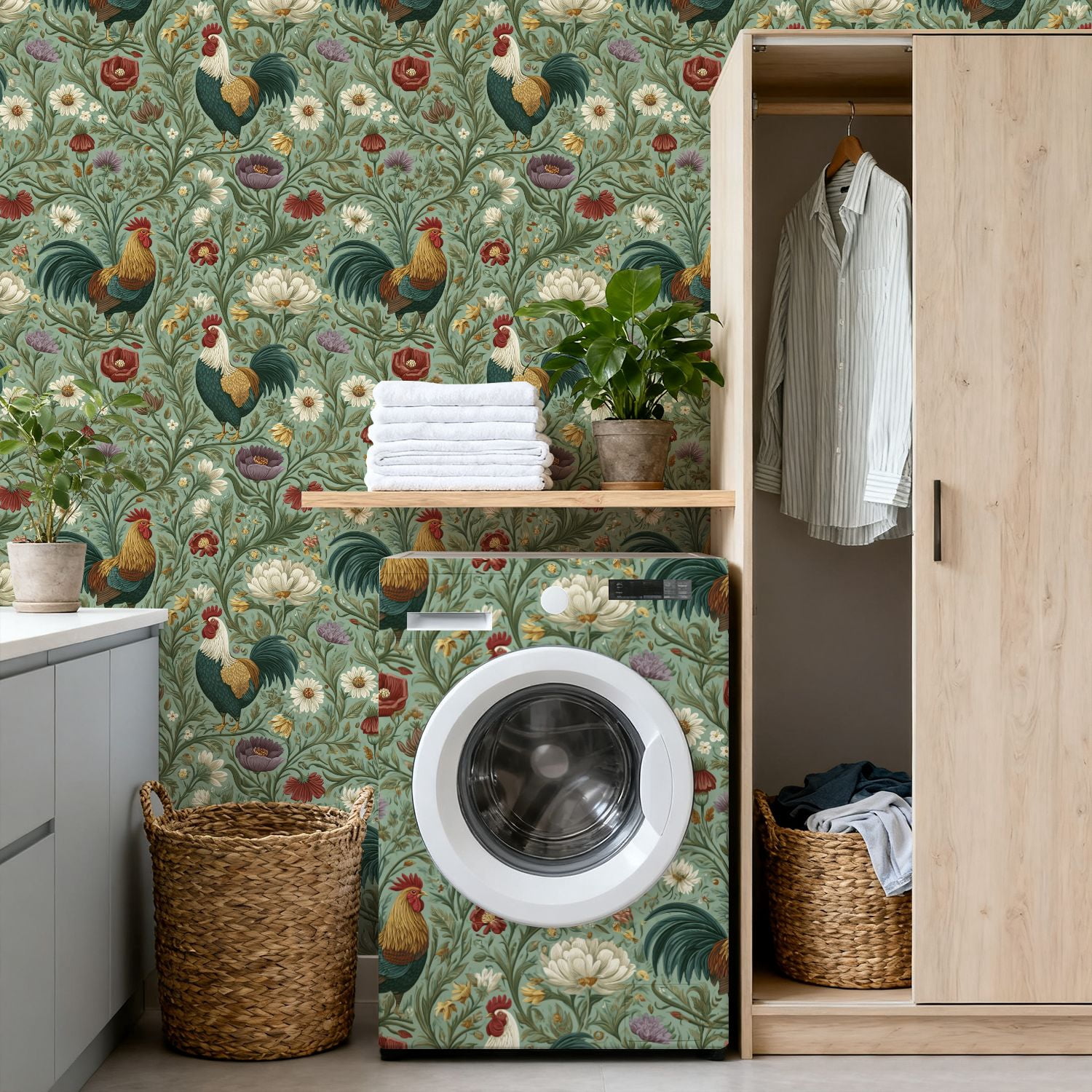 Peel and Stick Wallpaper 17.7in x 9.8ft Farmhouse Roosters Floral Elements Soft Pastel Hues Contact Paper Vinyl Waterproof Self Adhesive Wall Paper for Bedroom Shelf Cabinet Renter Friendly