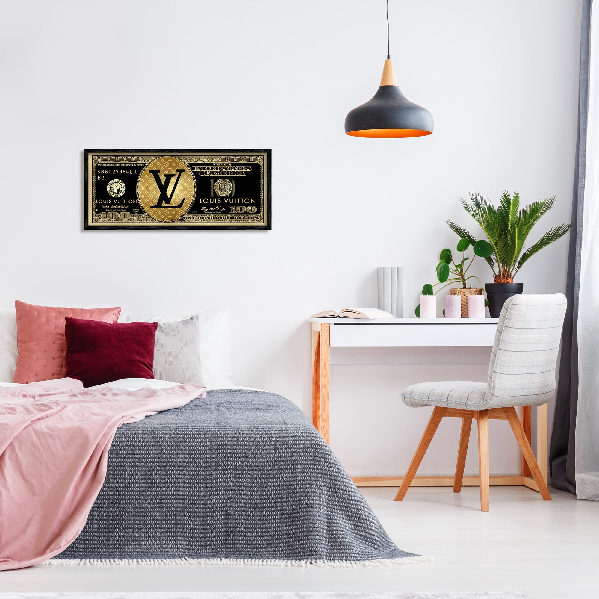 Stupell Industries Glam Brand Dollar Bill Beauty & Fashion Painting Black Framed Art Print Wall Art, 30 x 13
