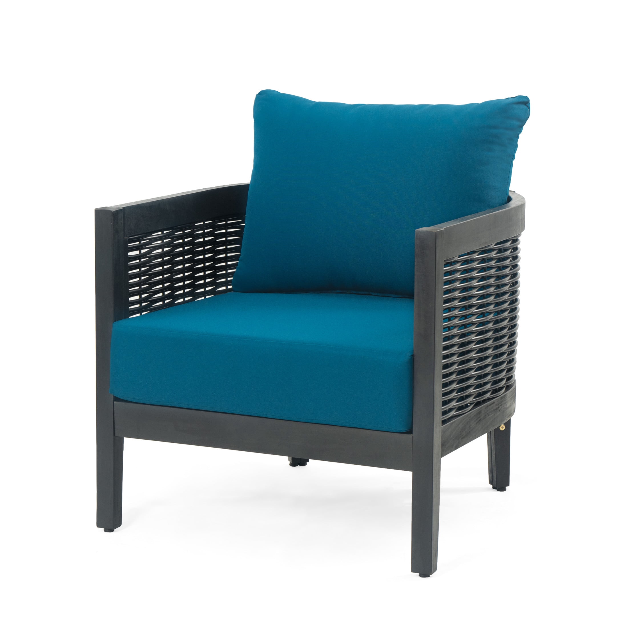 Felix Outdoor Patio Club Chair, Acacia Wood Wicker Armchair with Cushions, Black+Dark Teal