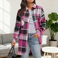 thumbnail image 2 of Womens Mid Length Plaid Jacket Flannel Button Down Long Sleeve Shirts Shackets Lapel Collar Casual Fall Coat (2XL, Hot Pink), 2 of 5