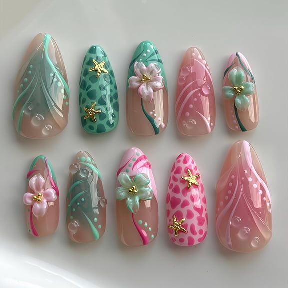 RAGUPEL 30Pcs Flower Press on Nails Medium Almond French Tip Fake Nails Summer False Nails Leopard Print Full Cover Acrylic Nails with 3D Starfish Rhinestones Designs Floral Artificial Stick on Nail