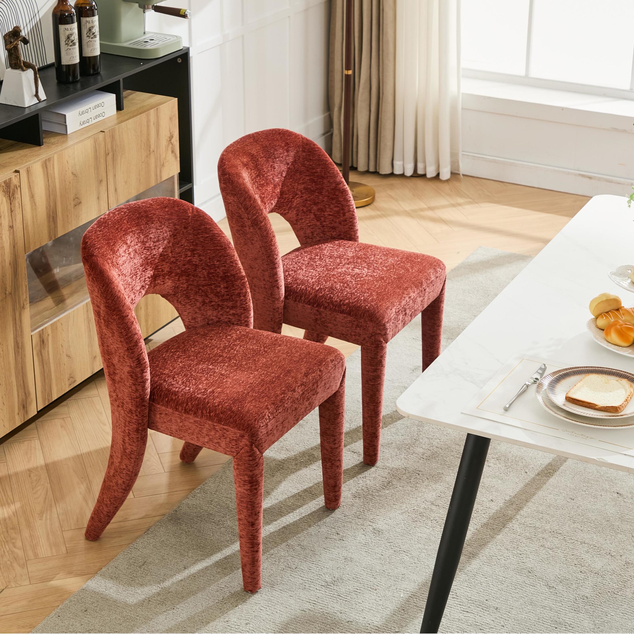 Noble House Set of 2 Chenille Dining Chairs, Hollow Back Upholstered Side Chairs with Iron Frame, Rose