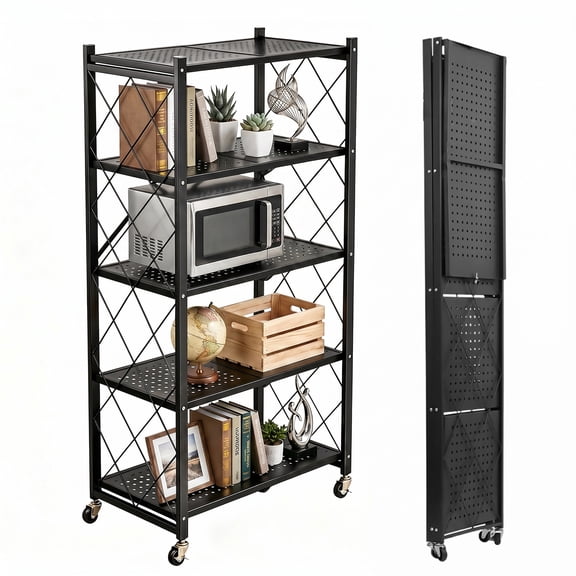 Behome 5 Tier Foldable Storage Shelves with Wheels, 28.1"x 13.4"x 61" Metal Shelving, No Assembly Storage Rack for Garage Kitchen, Basement, Pantry