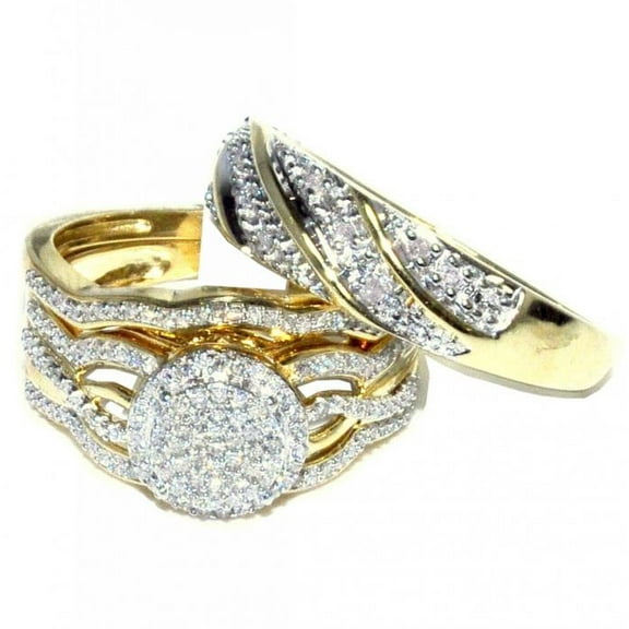 Bluebell Jewels 3-Piece Round CZ Wedding Ring Set – Gold Finish His & Hers Bands with Wave Design Accents