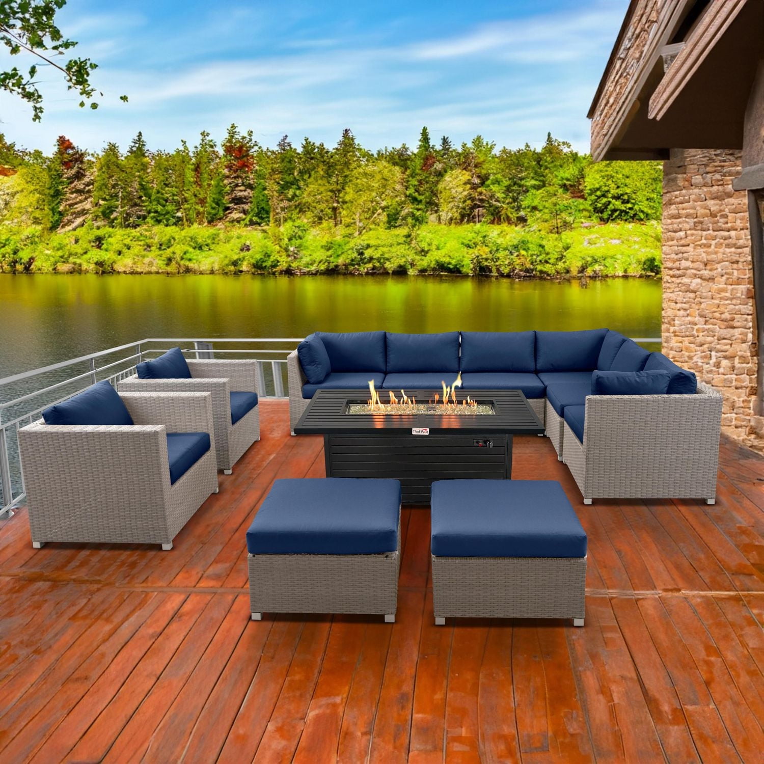 Chambers Bay Collection 11-Piece Aluminum Patio Conversation Set with Navy Cushions and Rectangle Fire Table