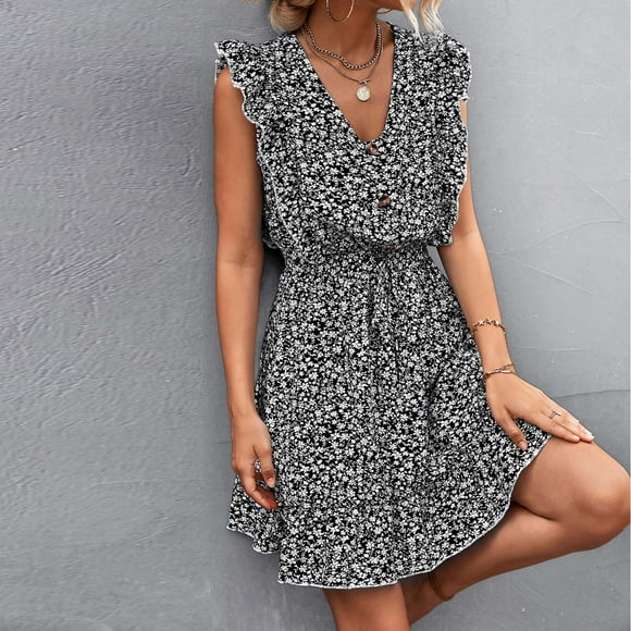FcBaudy Sleeveless Round-Neck Dress,Summer Dresses for Women,Womens Dresses Fashion Women Summer Casual Floral Bandage Sleeveless Flounced Dress Women Dress
