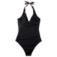 thumbnail image 5 of Women's One Piece Bikini Swimsuit Print Patchwork Backless Halter Tie with Removable Bra Pads No Underwire for Beach Vacation,Black,L, 5 of 5