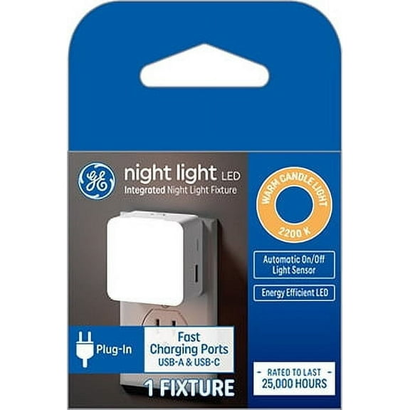 GE Night Light Plug-in Fixture with USB-A and USB-C Charging Ports with Automatic on/off Light Sensor