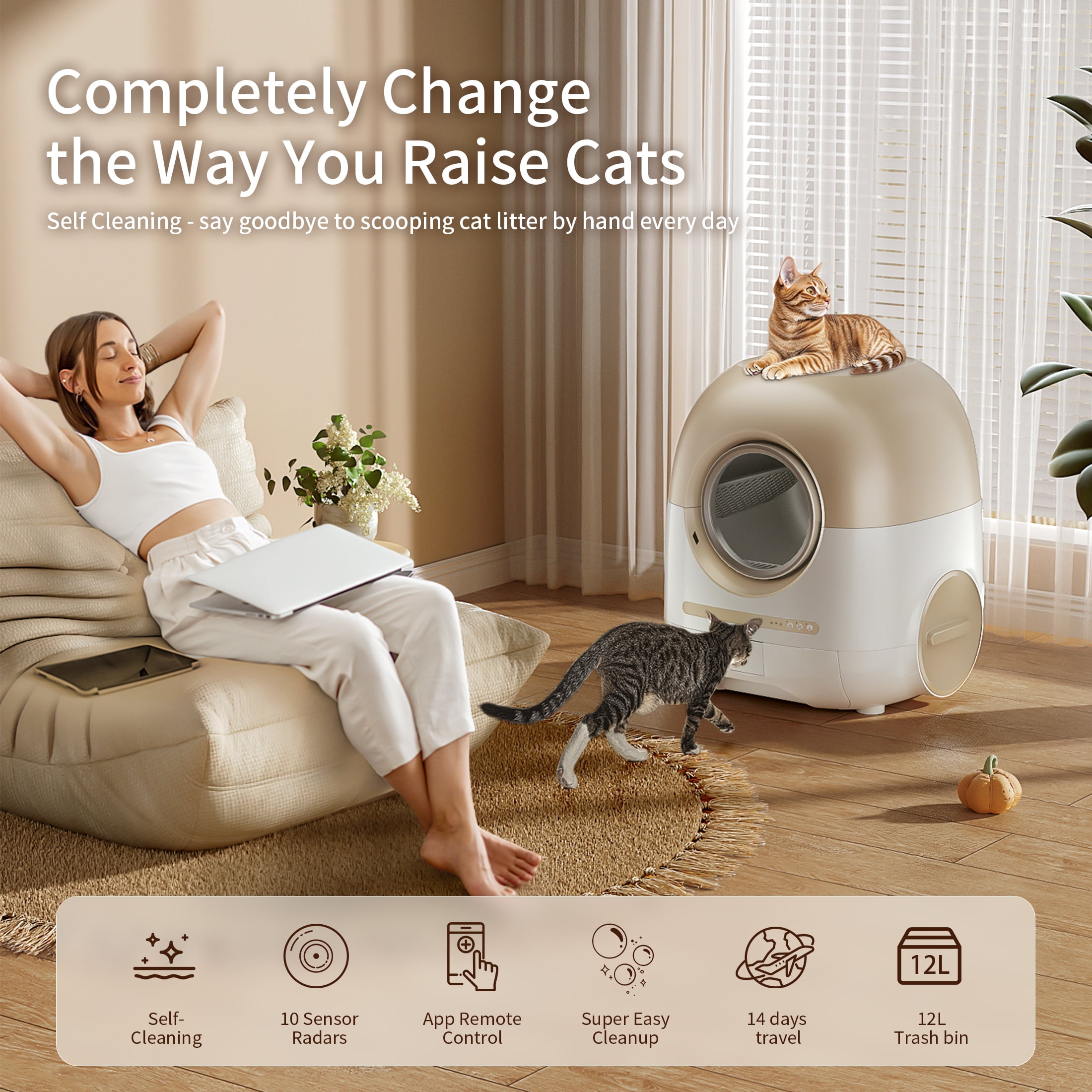 REDSASA Automatic Cat Litter Box, Self Cleaning Cat Litter Box with APP Control/Health Monitoring/Odor-Removal, Brown