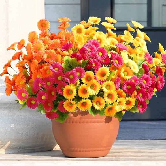 Yastouay 6 Bundles Fake Mums for Outdoors, UV Resistant Fall Flowers for Planter, Mix Yellow Artificial Flowers for Garden Yard Porch Fall Decor