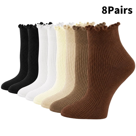Yawlsow 8 Pairs Ruffle Socks for Women, Cute Ankle Cotton Frilly Socks, US Size 5-9